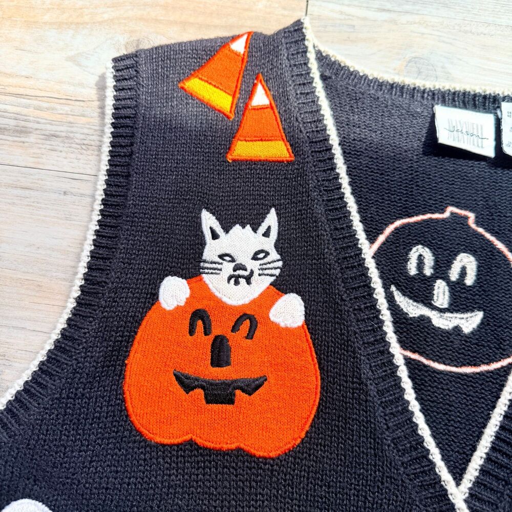 Vintage Halloween Sweater Vest Medium Cats Ghosts Haunted House Trick or Treat - Picture 4 of 10